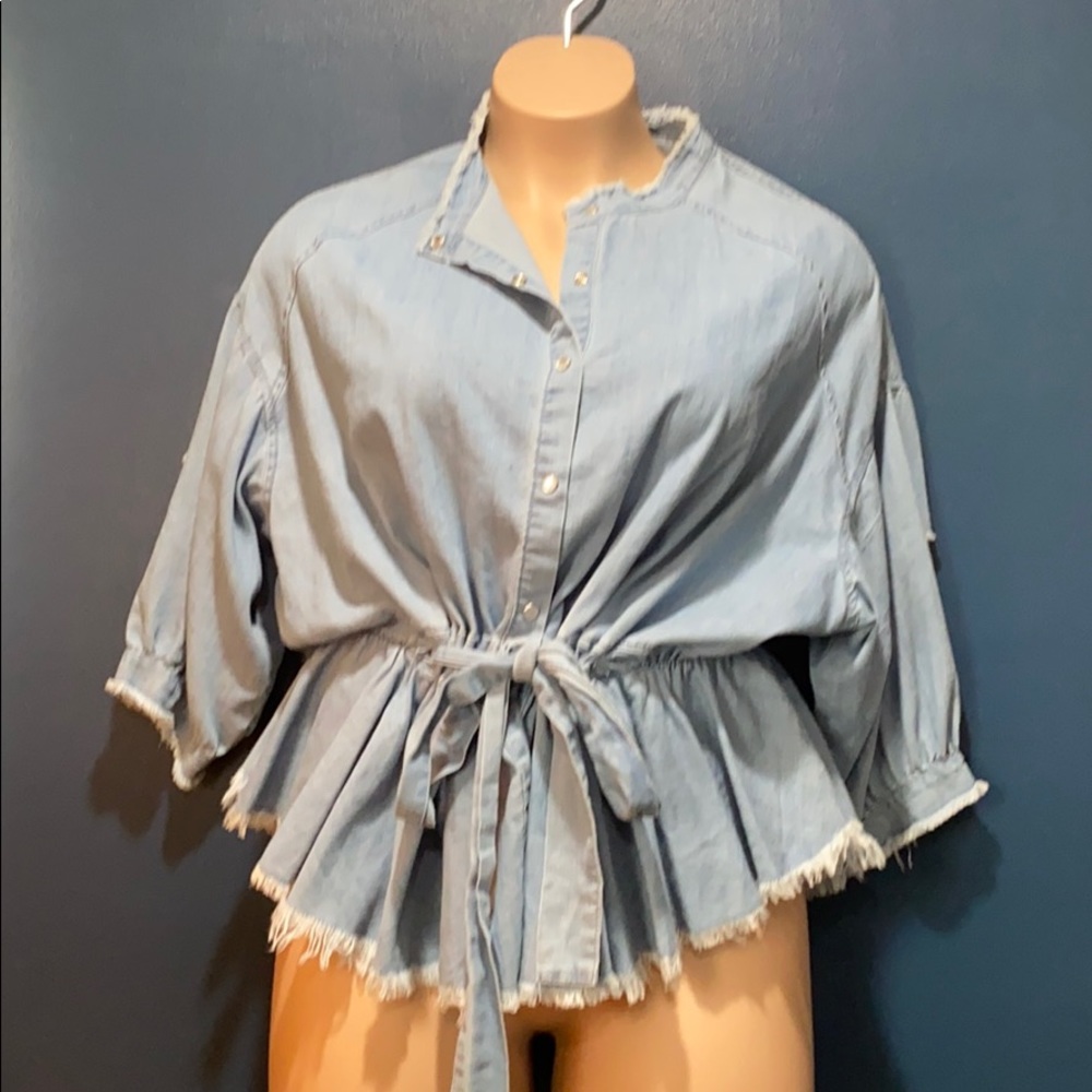 Distressed denim shirt with belt